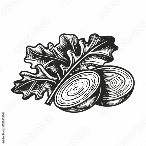 Beetroot salad ingredients: two halves of fresh beetroot with green leaves.  Delicious beetroot salad recipe illustration perfect for cookbooks or restaurant menus.