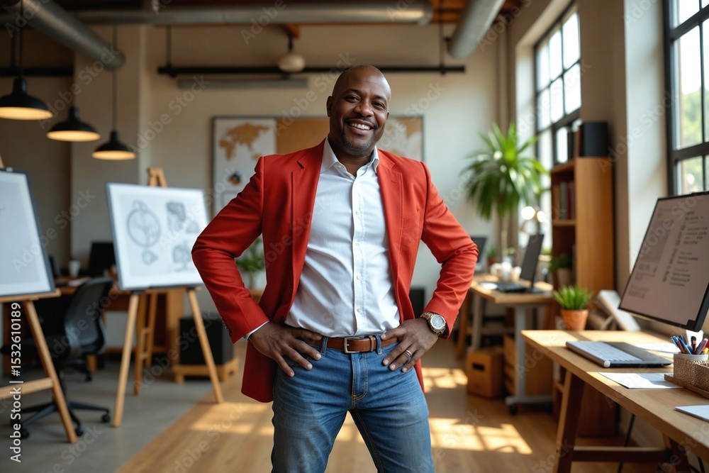 Confident Middle-Aged African American Male Animator in a Corporate Animation Studio Confident Middle-Aged African American Male Animator in a Corporate Animation Studio