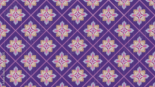 Seamless purple floral ethnic ikat texture  design. textile fashion pattern line ikat seamless pattern and batik fabric texture asian background wallpaper geometry indian. Ethnic abstract ikat art .