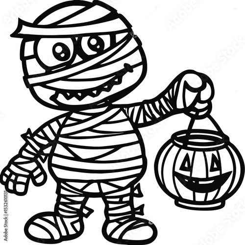 A whimsical black and white cartoon illustration of a mummy character, holding a small pumpkin bucket.