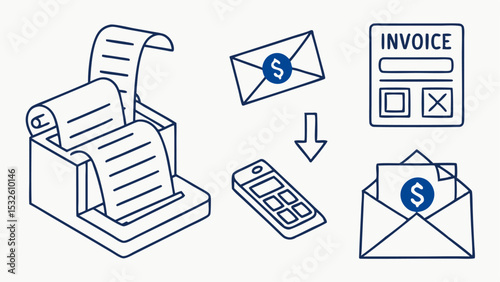Illustration showing a receipt printer, envelopes with dollar signs, and an invoice form outlined in blue
