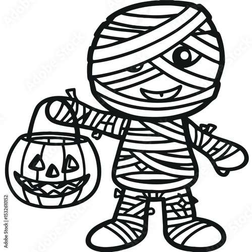 A whimsical black and white illustration of a mummy character holding a small jack-o'-lantern pumpkin.