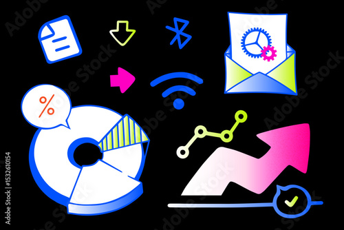 A vibrant and modern vector illustration set featuring essential icons for digital business, technology, and analytics. Perfect for UI/UX design, fintech projects, marketing materials, and corporate p