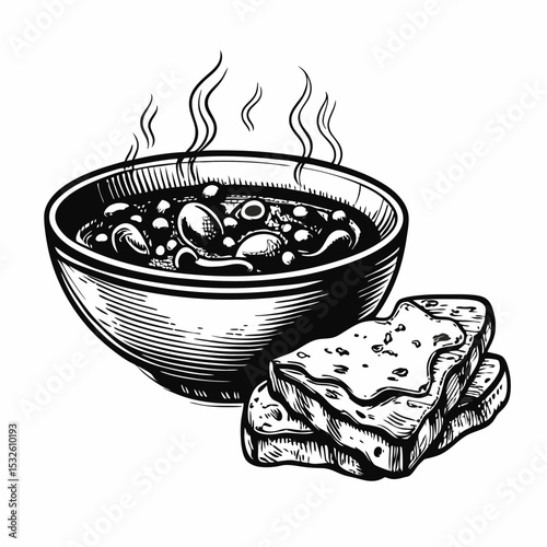 French onion soup with crusty bread in bowl. Hearty french onion soup recipe includes caramelized onions and rich broth. Classic french onion soup illustration for restaurant menu or cookbook.