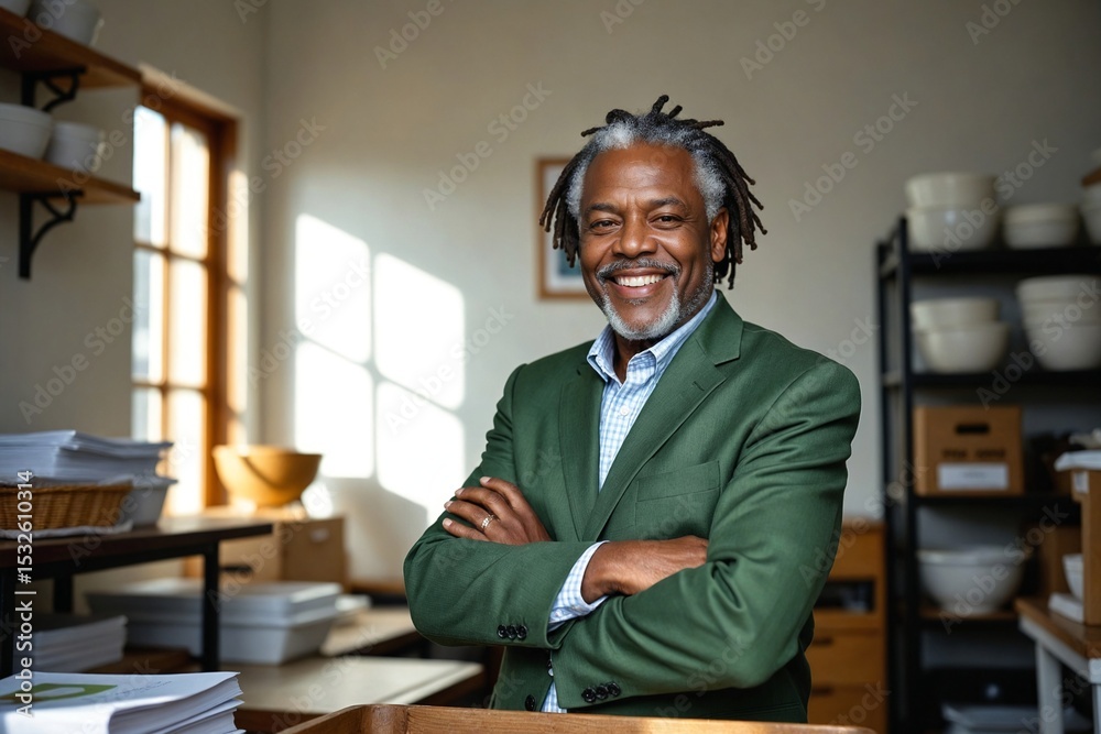 Fototapeta premium Warm Senior African American Man in a Corporate Community Bakery Office