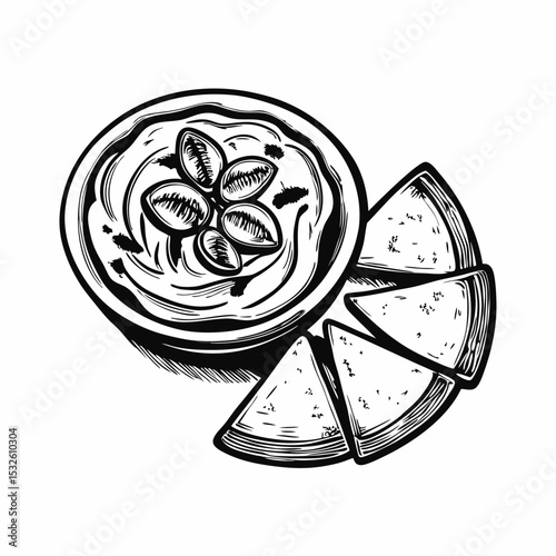 Delicious hummus with pita bread. Creamy chickpea dip served in bowl with triangles of pita bread. Hummus with pita is perfect for appetizer, snack, or party.
