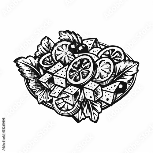 Greek salad illustration with feta cheese, olives, and citrus fruits.  This delicious greek salad design features fresh ingredients like juicy oranges and lemons, salty olives, and creamy feta cheese.