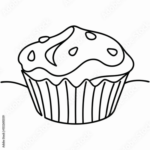 Delicious muffin with sweet icing and chocolate chips. Muffin is perfect for breakfast or afternoon tea. Simple muffin drawing for bakery menu, cookbook, or website.