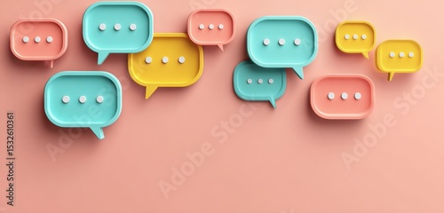 Colorful 3D speech bubbles in blue, yellow, and pink float against a peach background, symbolizing communication and conversation.