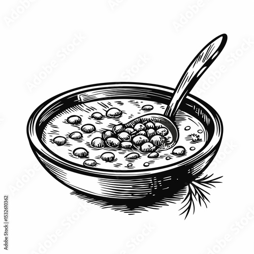 Delicious lentil soup in rustic bowl with wooden spoon. Hearty lentil soup perfect for cold winter evenings. Lentil soup recipe illustration for cookbook, blog, or restaurant menu.