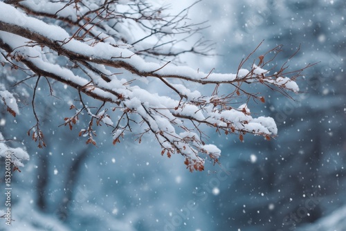 Snowy branches hanging with few leaves during a winter snowfall scene outdoors