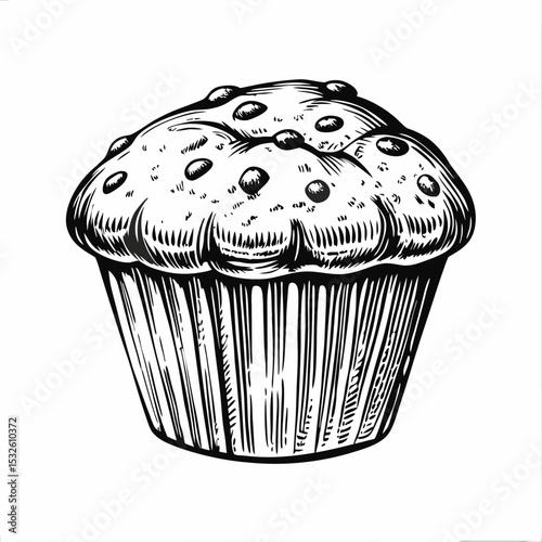 Delicious muffin with chocolate chips, perfect for bakery menu design.  This delectable muffin is drawn in vintage style, ideal for cafe branding and packaging.
