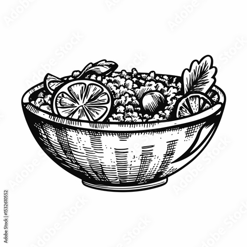 Delicious quinoa salad in bowl. Healthy quinoa salad recipe with lime, herbs, and olives. Perfect quinoa salad illustration for cookbook, restaurant menu, or food blog.