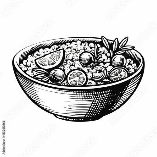 Delicious quinoa salad with lemon and cranberries in bowl. Quinoa salad recipe includes healthy ingredients: grains, citrus fruits, and berries.