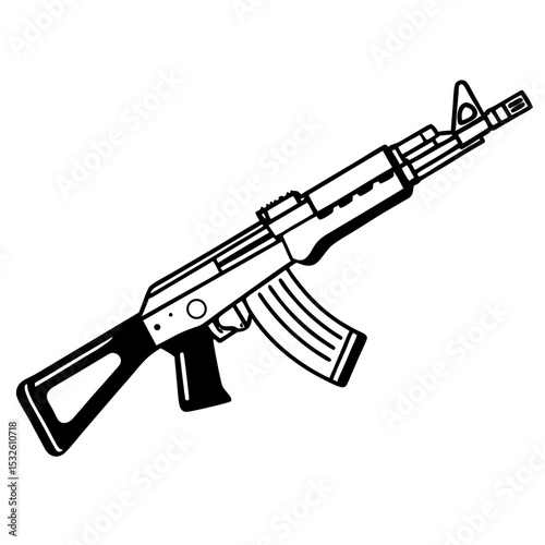 Assault rifle silhouette.  Detailed black and white illustration of assault rifle firearm. Military weapon graphic for tactical designs, military print, or security concept.
