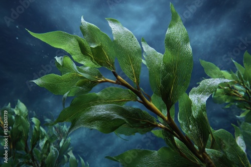 A view of green leafy plant with a brown stem underwater against a blue background