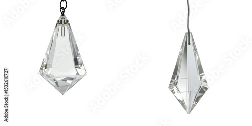 Isolated crystal chandelier pendants with a polished diamond shape, showcasing clear transparency and reflective surfaces on a transparent background.
