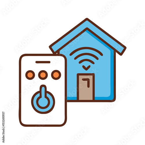 Smart home control panel on smartphone screen with house icon and wifi symbol.  This smart home application displays buttons for home automation.