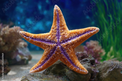 A starfish with orange and purple color resting on a rock underwater scenery view