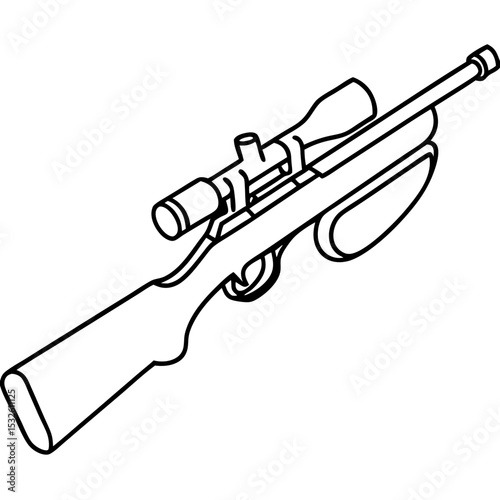 Sniper rifle with scope for hunting game. High-powered rifle with optical scope and suppressor.