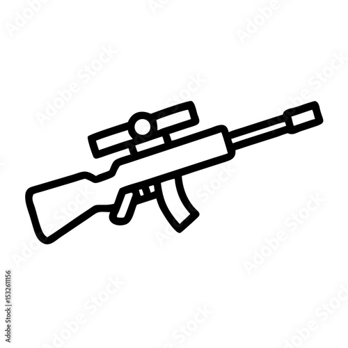 Sniper rifle with scope illustration. Detailed rifle design with optical sight. Military weapon graphic for tactical games, military training manuals, or strategic publications.