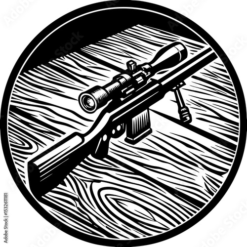 Powerful sniper rifle with scope on wooden surface. Detailed sniper rifle illustration with high-quality scope and bipod. This sniper rifle graphic is perfect for military websites,