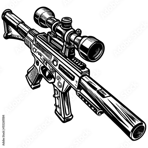 Sniper rifle with scope, detailed illustration.  High-powered rifle equipment, precision weapon, hunting gear, tactical firearm.