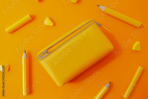 A pencil case, with bright yellow stationery items floating on top, displays school supplies and creative tools against a vibrant orange background.