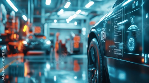 Futuristic virtual interface display showing electric vehicle technology and diagnostic data overlay in high-tech auto repair garage with blurred background




