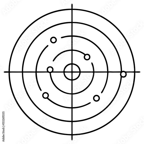Target practice board with bullet holes. Precise shooting target with concentric circles and impact points shows accuracy.  This graphic design element is perfect for military training materials,