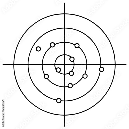 Target practice board with bullet holes. Detailed target board shows accuracy and precision of shots.  Concept image for military training manuals or shooting range advertising.