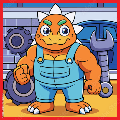 Cartoon Orange Dinosaur Mechanic Mascot with Overalls and Wrench Illustration