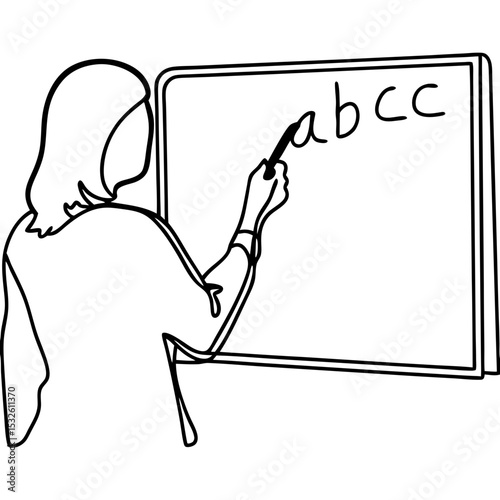 Teacher writing alphabet on chalkboard. Educator teaching ABCs in classroom. Lesson plan includes writing practice for students. Chalkboard illustration for educational resources.