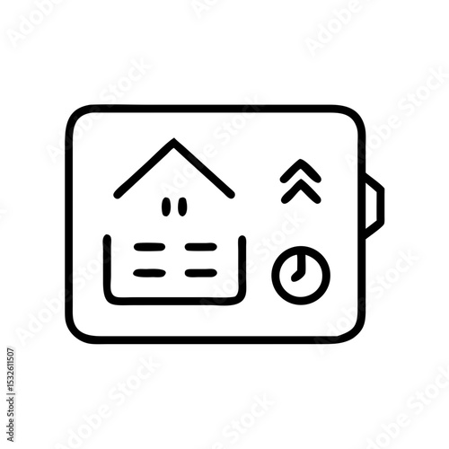Smart home thermostat control panel. Digital thermostat interface displays house icon, temperature settings, and timer.