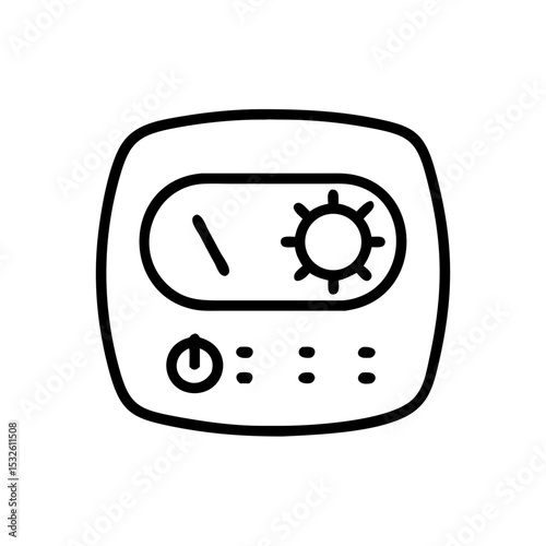 Smart thermostat control panel digital interface. Modern thermostat with temperature setting and power button. Home climate control system for energy efficiency.