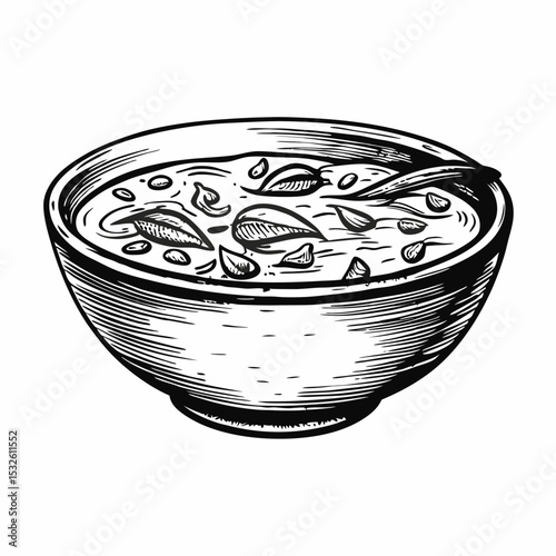 Creamy Thai coconut soup in bowl. Delicious Thai coconut soup recipe with coconut milk and herbs. This Thai coconut soup illustration is perfect for food blogs, restaurant menus, and cookbook designs.