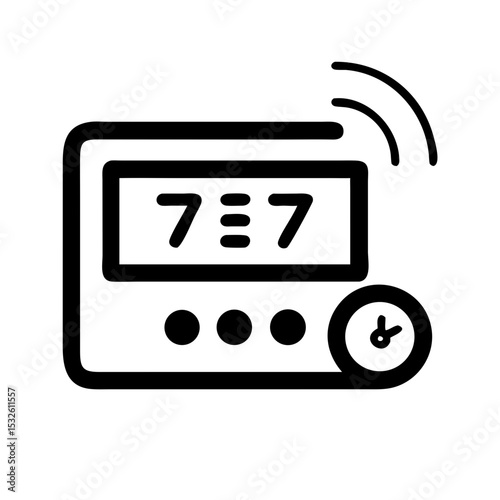 Smart thermostat digital display showing room temperature and time. Modern digital thermostat with wireless connection for home automation system.