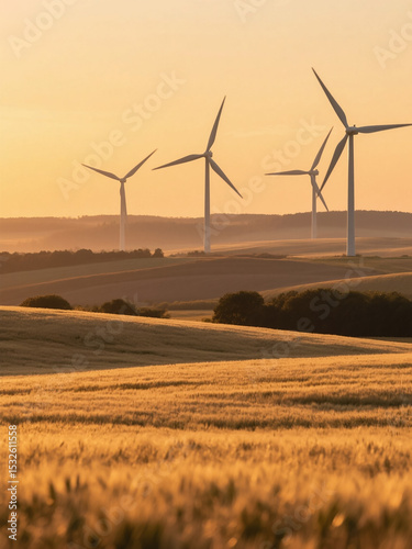 Wind turbines in golden field at sunset, symbolizing renewable energy and sustainability. Warm lighting enhances the natural landscape for eco friendly social media posters and banners.

