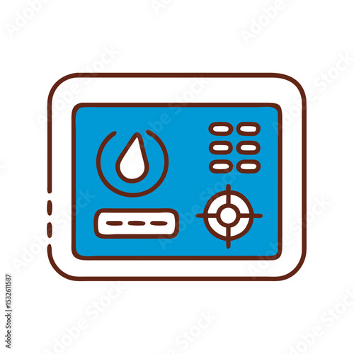 Smart home thermostat control panel with temperature settings and water droplet icon. Modern digital thermostat interface for energy efficiency and home automation.