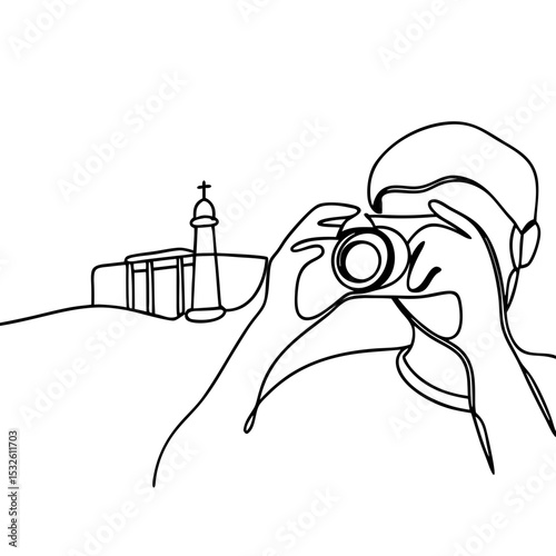 Tourist photographing landmark with camera. Person taking pictures of historical building.  Travel photography concept for tourism brochures and travel blogs.