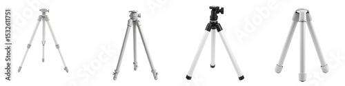 Various mini tripods displayed in different positions on a transparent background, each tripod features a distinct design and height, isolated for clear visibility.