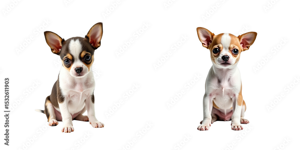 Obraz premium two chihuahua puppies seated side by side on a transparent background one with transparent and white fur the other with tan and white fur both looking directly at the camera