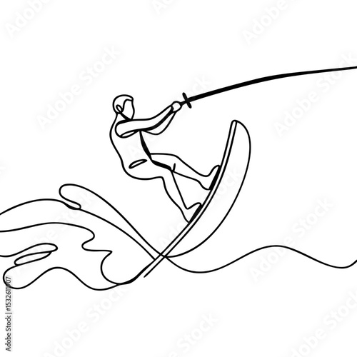 Water skiing athlete on lake. Skilled water skier performs acrobatic maneuvers, creating splashes. Dynamic water skiing action shot for sports magazines, websites, and advertisements.