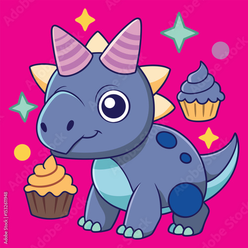 Cute Blue Triceratops Dinosaur Celebrating Birthday with Cupcakes and Party Decorations Illustration