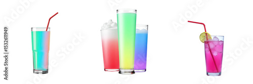 Wallpaper Mural Colorful assortment of drinks including fluorescent blue, green, red, yellow, pink, and purple in clear glasses with straws isolated on transparent background Torontodigital.ca