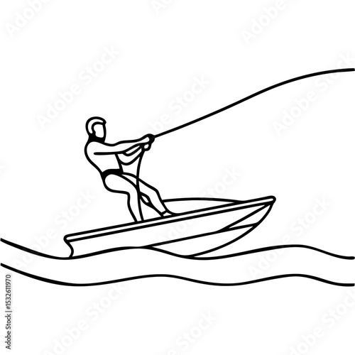 Water skiing athlete on lake during summer. Person water skiing with rope attached to boat. Active water sport summer activity for brochure design.