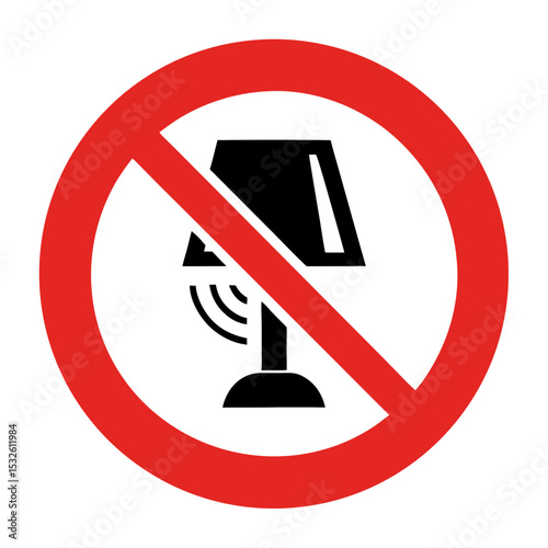 No wifi night lamp symbol. Simple prohibition sign with table lamp icon and wifi signal waves indicates no wireless connection allowed near electrical device.