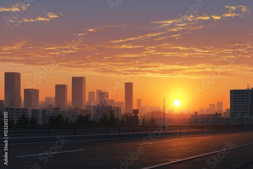 City skyline view during a vibrant sunset with orange sky and road in foreground