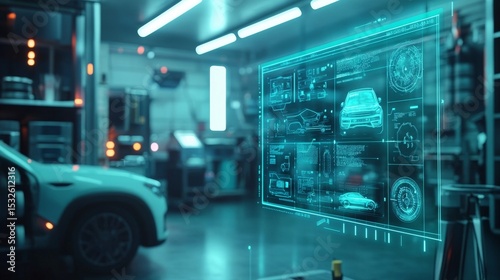 Futuristic virtual interface display showing electric vehicle technology and diagnostic data overlay in high-tech auto repair garage with blurred background




