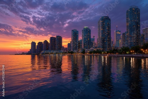 City skyline view at dusk reflecting in water under dramatic sky with clouds